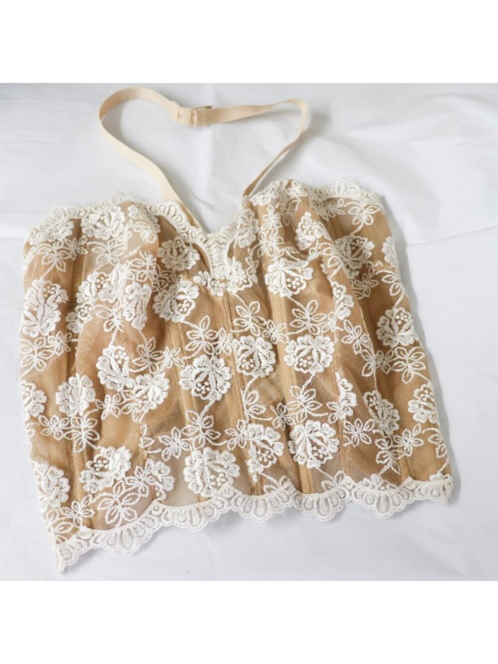 Vintage 90s Victoria's Secret White Floral Lace Corset Bustier Tan *38D Small